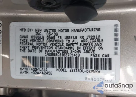 2006 Toyota Corolla Le из США, поврежденный, VIN 1NXBR30E16Z721419